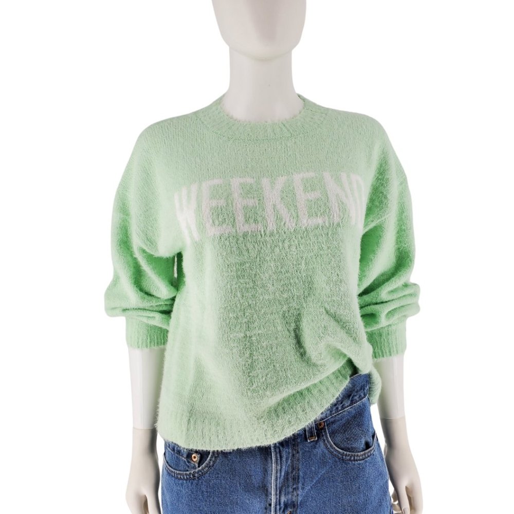 Weekend Print Mint Mohair Balloon Sleeve Sweater
